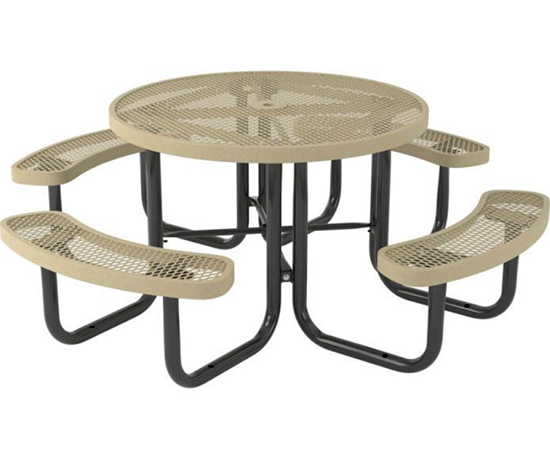 Round expanded metal pedestal picnic table with curved benches for commercial playgrounds, parks, and outdoor recreation areas